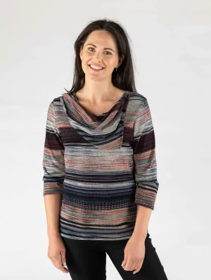 Stripe Print Brushed Top with Cowl Neck TO29112