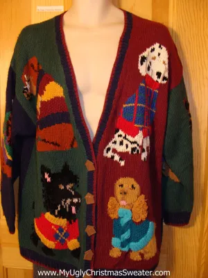 Tacky Dog Lovers Ugly Christmas Sweater with Huge Dogs on Front, Back, and Sleeves 80s Classic (f579)