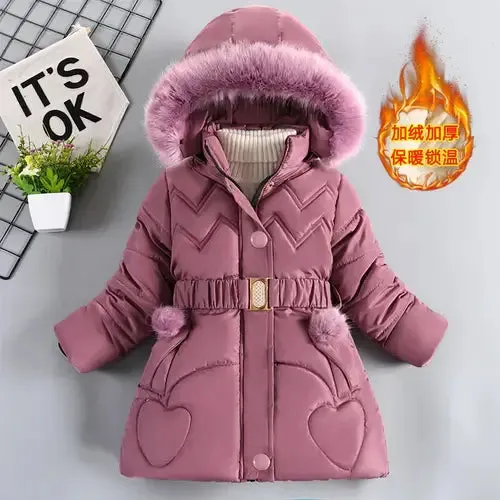 Thick Keep Warm Winter Girls Jacket Detachable Hat Plush Collar Hooded