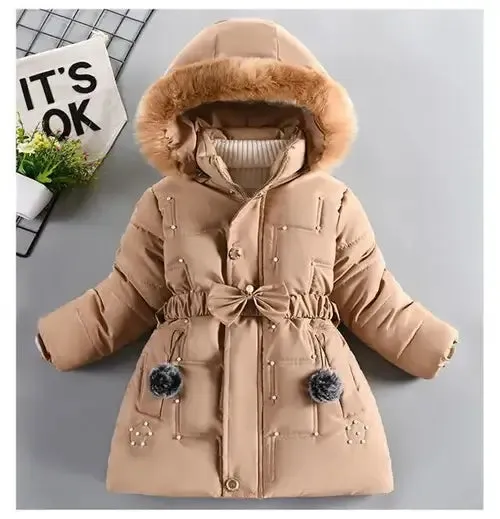 Thick Keep Warm Winter Girls Jacket Detachable Hat Plush Collar Hooded