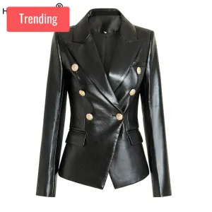 Trendy Black Faux Leather Blazer Jacket