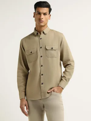 WES Casuals Khaki Relaxed Fit Blended Linen Shirt