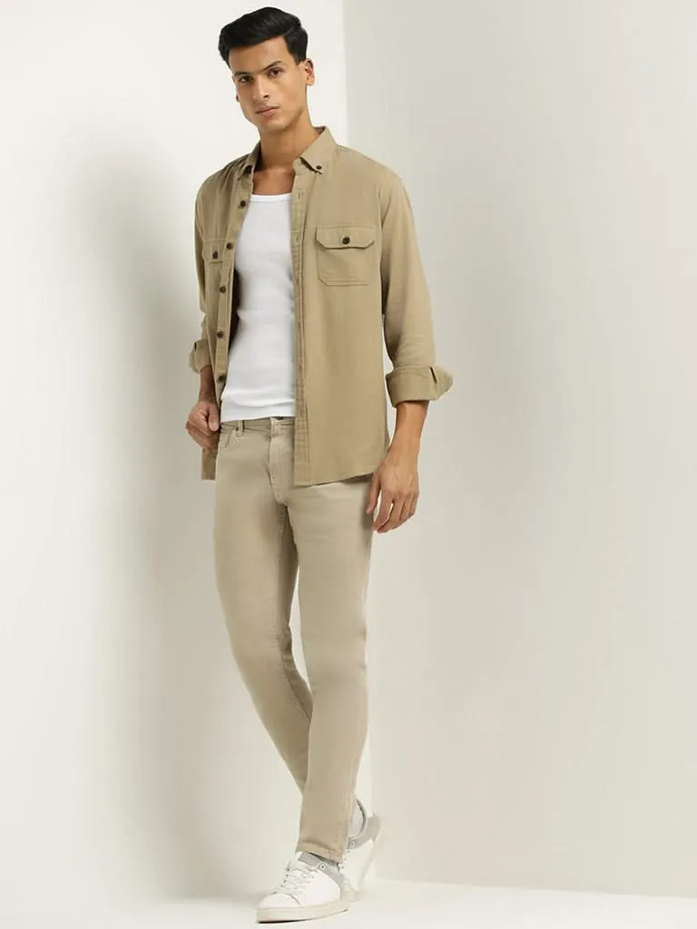 WES Casuals Khaki Relaxed Fit Blended Linen Shirt