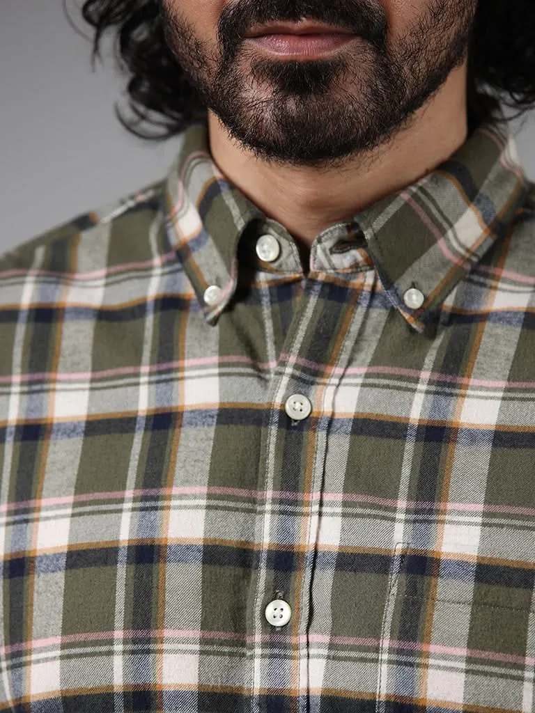 WES Casuals Olive Checked Cotton Relaxed-Fit Shirt