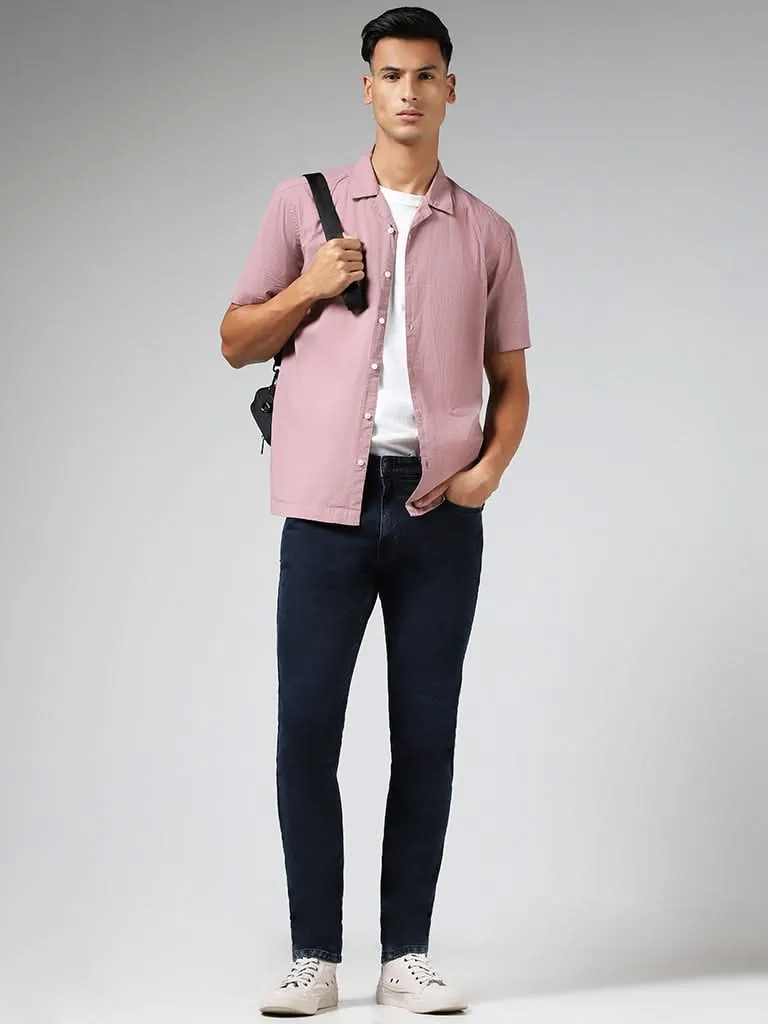 WES Casuals Solid Pink Cotton Relaxed-Fit Crinkled Shirt