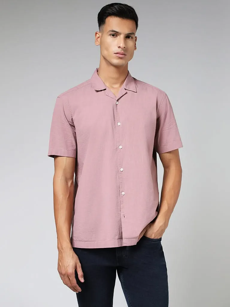 WES Casuals Solid Pink Cotton Relaxed-Fit Crinkled Shirt