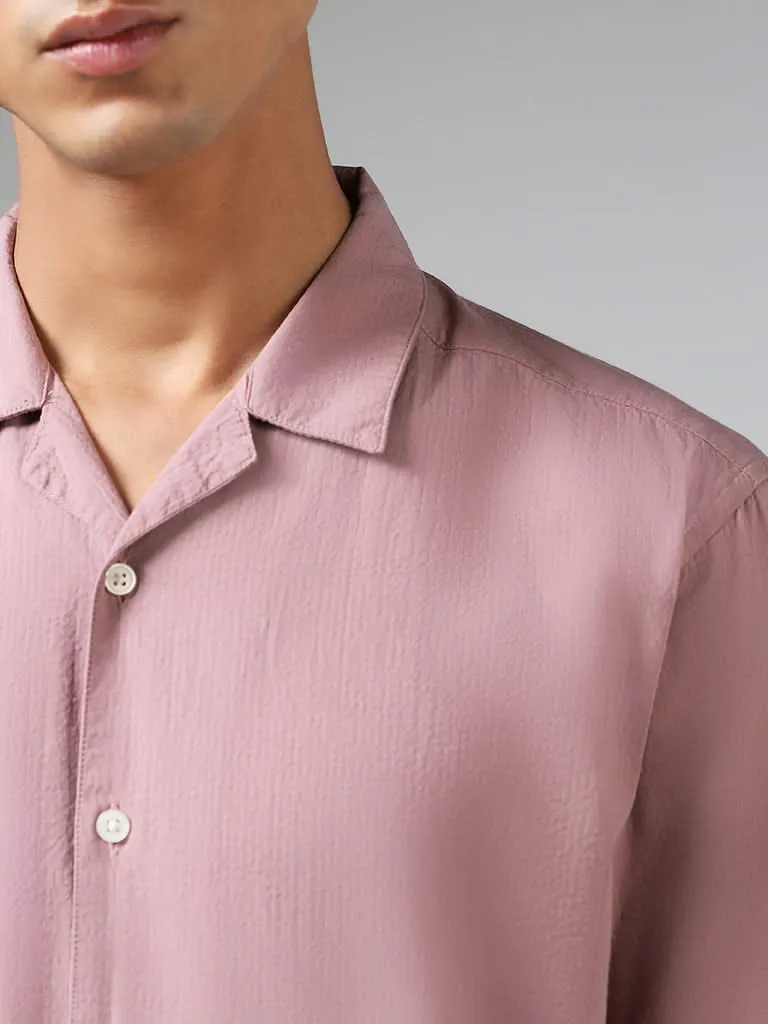 WES Casuals Solid Pink Cotton Relaxed-Fit Crinkled Shirt