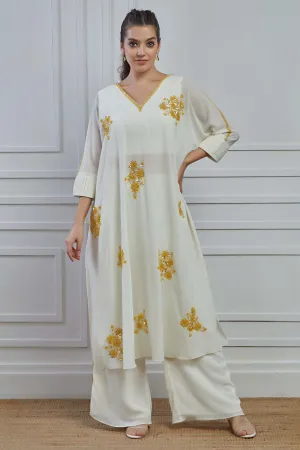 White Floral Embellished Crepe Silk Kurta Palazzo Set