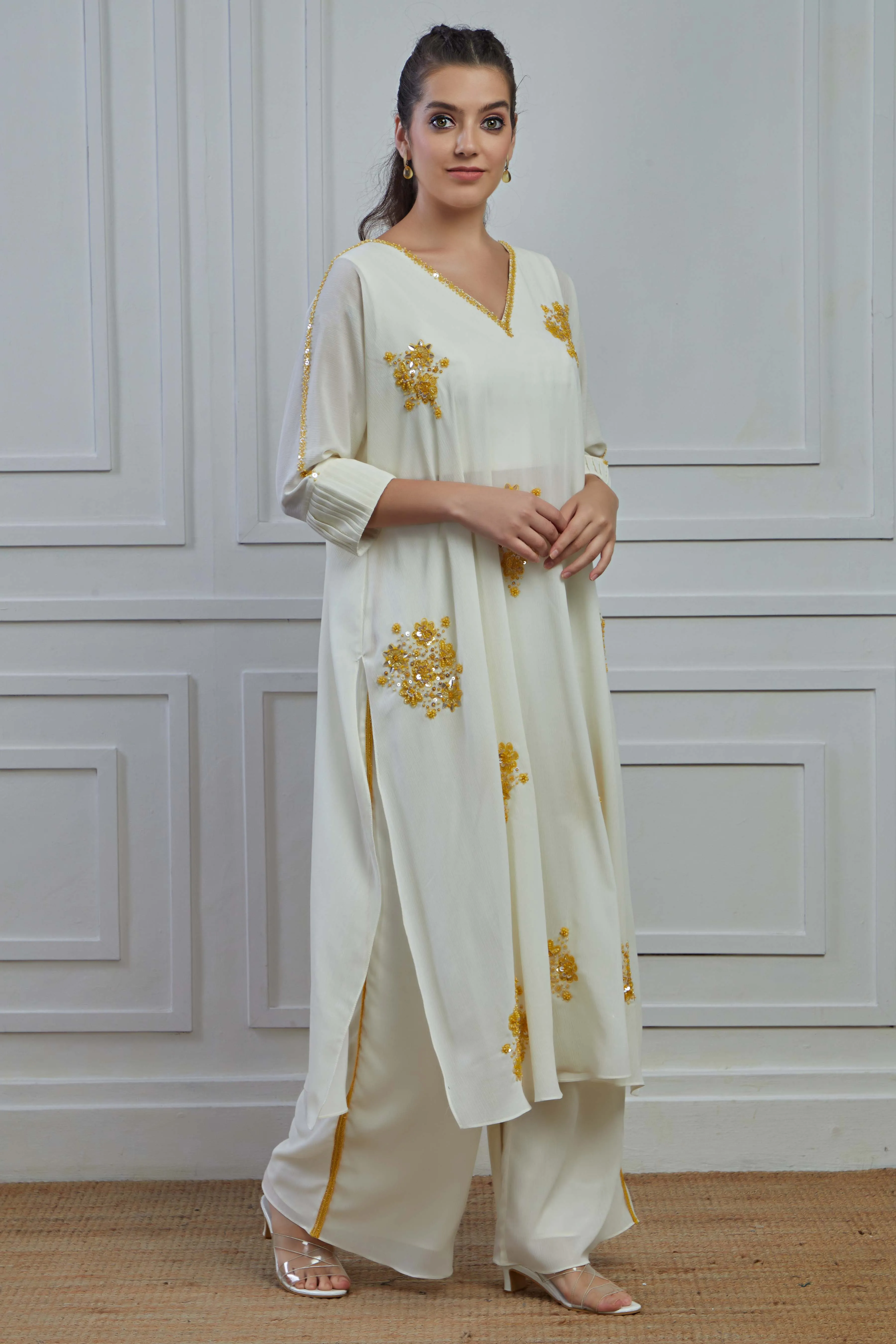 White Floral Embellished Crepe Silk Kurta Palazzo Set