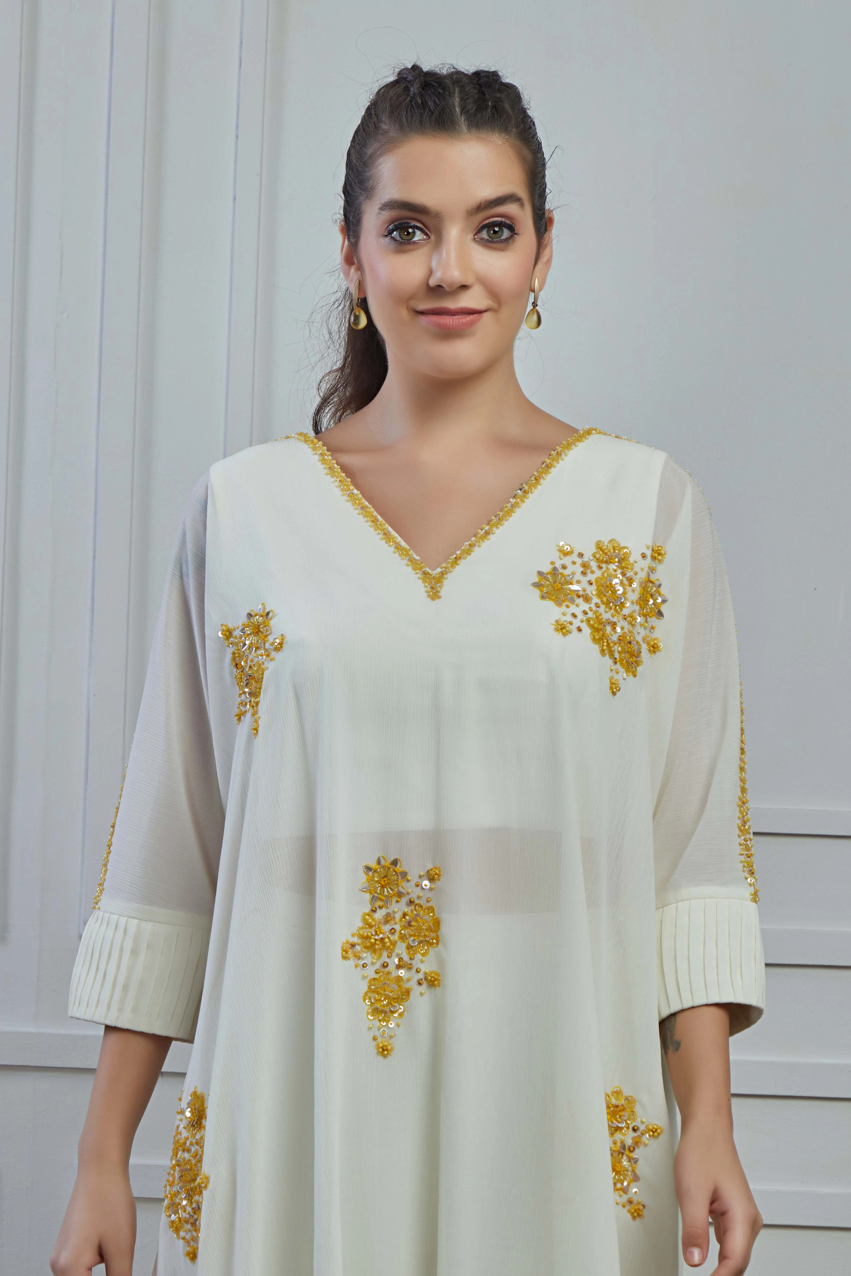 White Floral Embellished Crepe Silk Kurta Palazzo Set