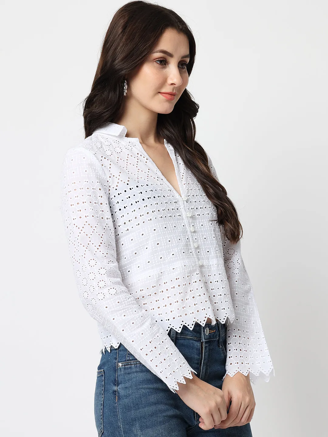 White Schiffli Long Sleeves Top