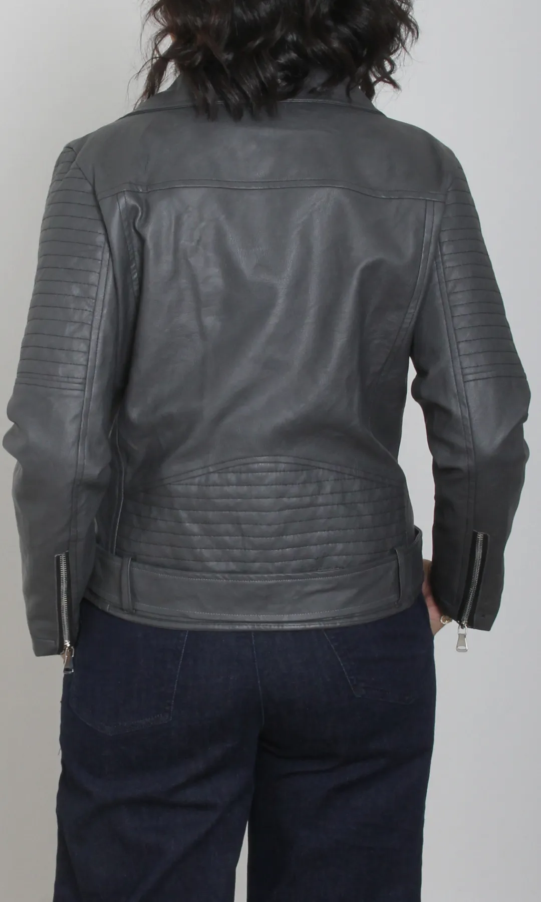 Women leather jacket -Belt on Hem (Grey)