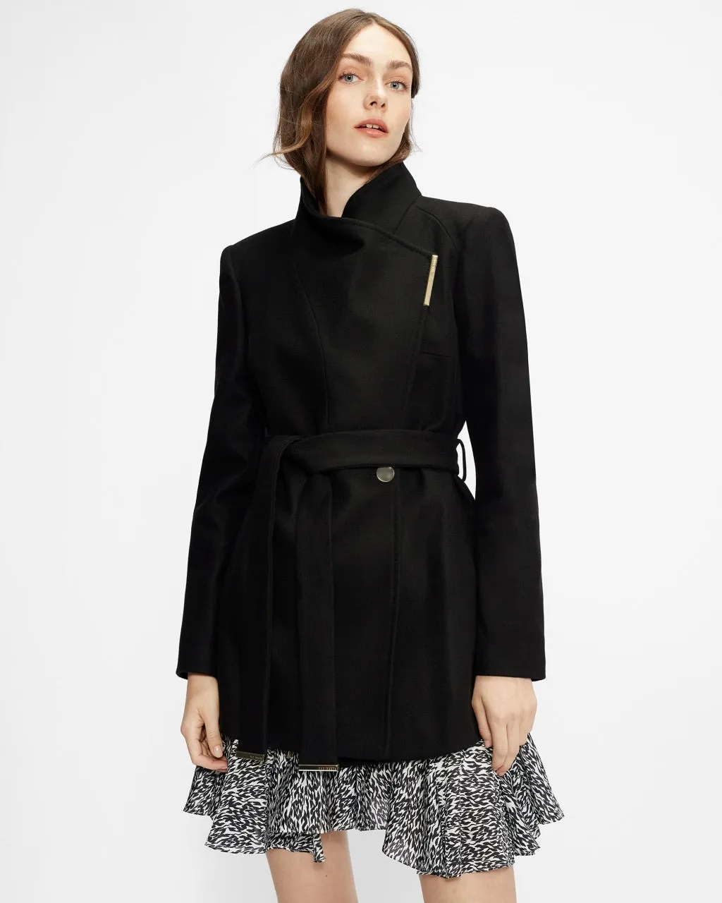 Women's Wrap Short Style Black Wool Coat